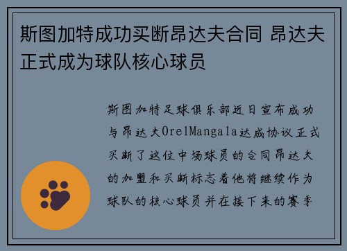 斯图加特成功买断昂达夫合同 昂达夫正式成为球队核心球员